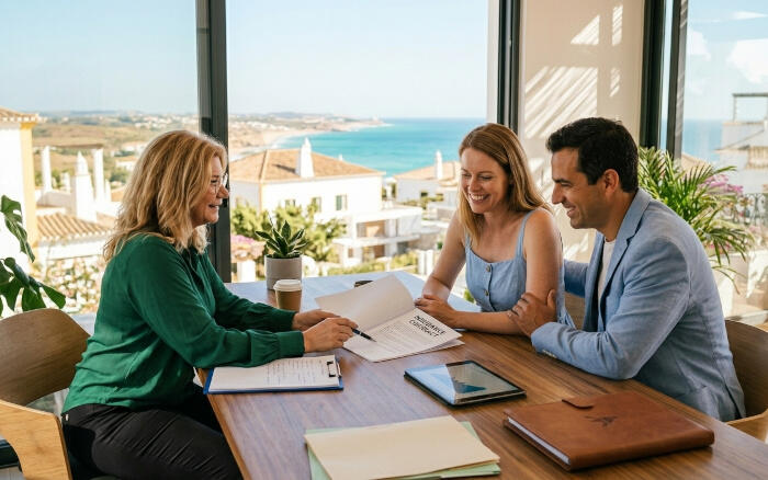 OneCall Solutions - Image of Silvia sitting at a table, clearly explaining an insurance document to a smiling couple